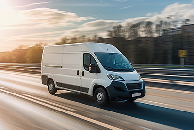 A white van is driving down a road with trees in the background. The van is moving quickly, and the sky is cloudy